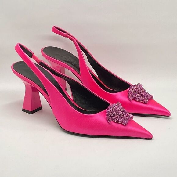 Versace La Medusa Embellished Silk Blend Slingback Pump size 37.5 - Picture 7 of 14